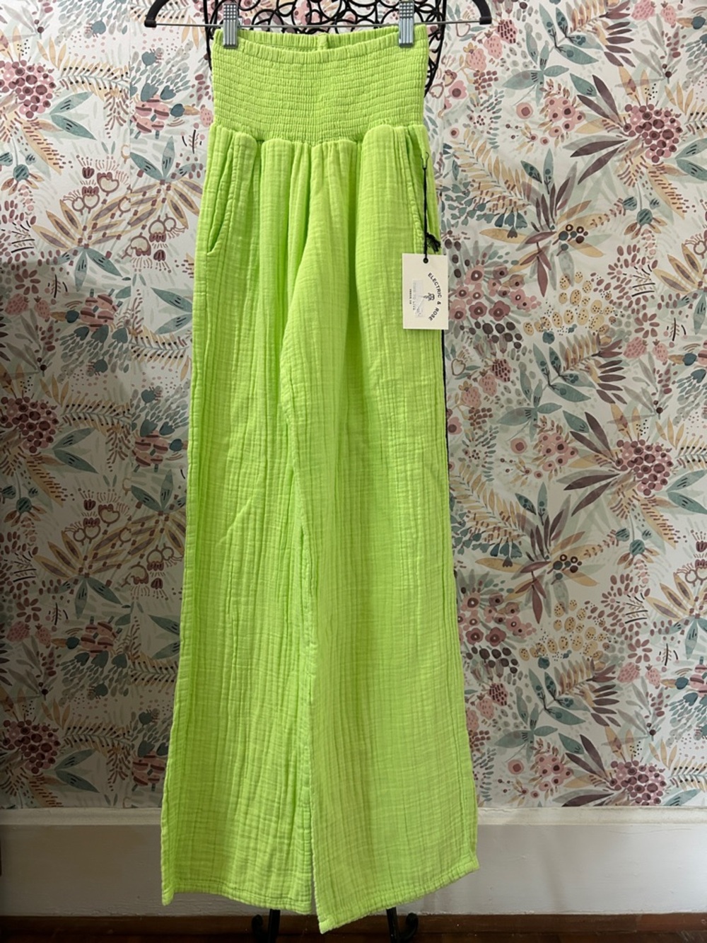 NEW ELECTRIC & ROSE Gauze Beach Pant in Lime Green XS Cotton Wide Leg Casual